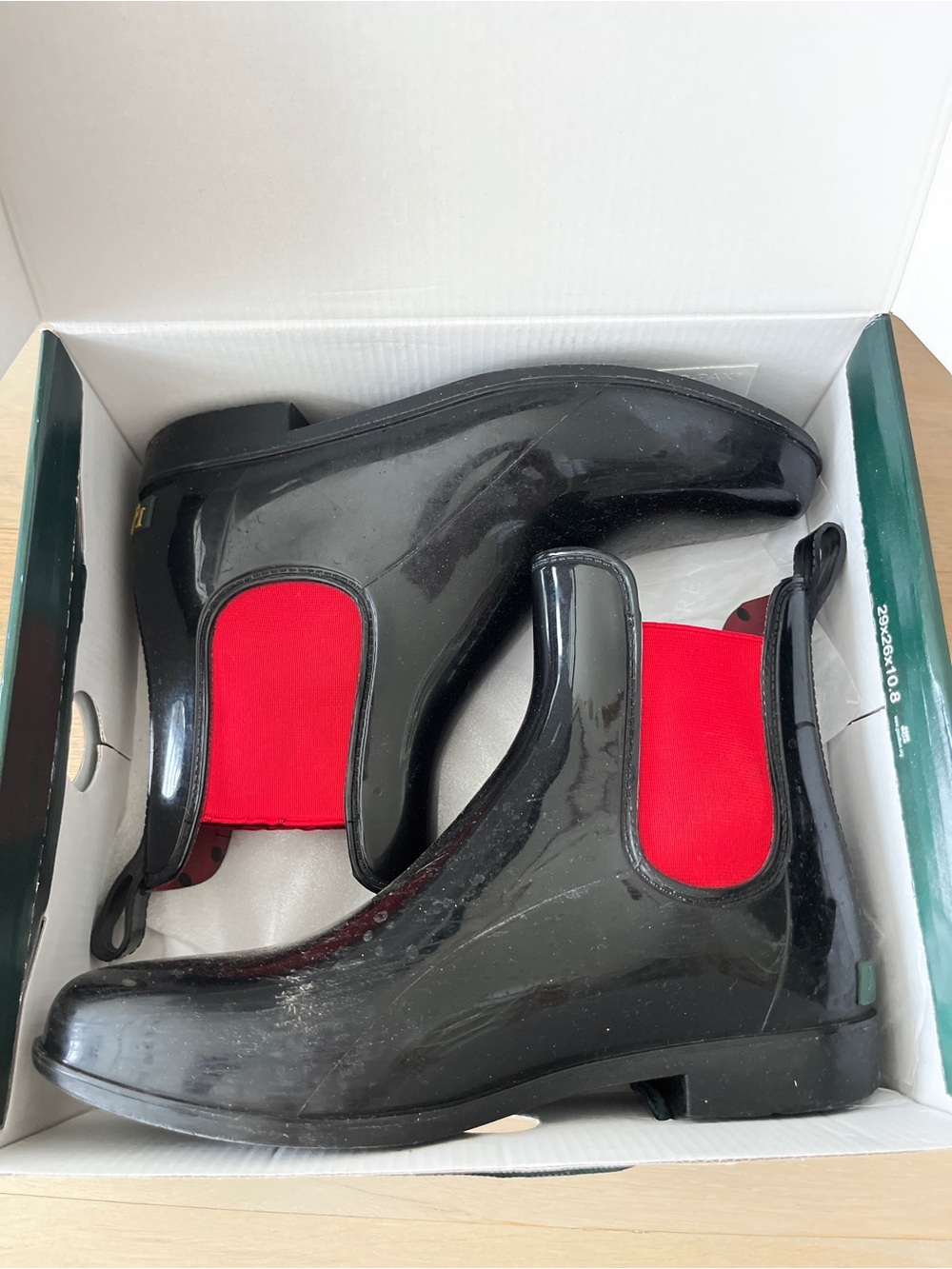 Ralph Lauren short rain boots shiny black with Red Elastic Panels women’s 9!!